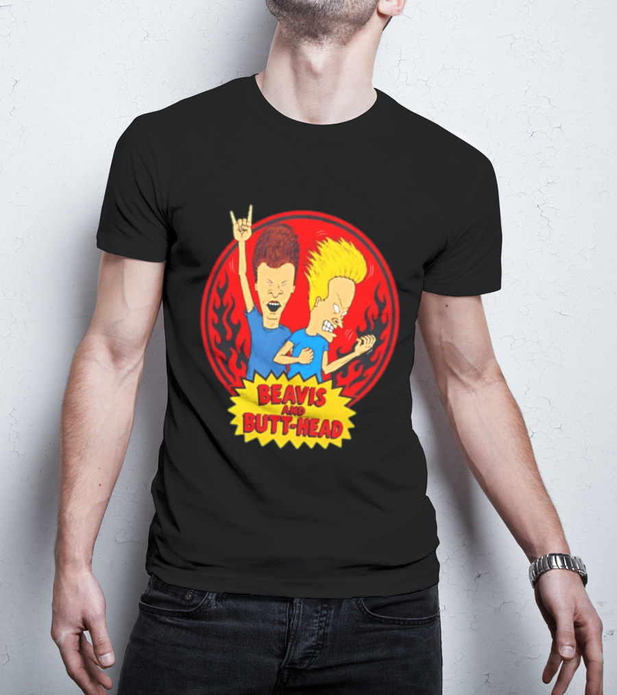 Beavis And Butt Head Rocking Out Flames Circle T-Shirt