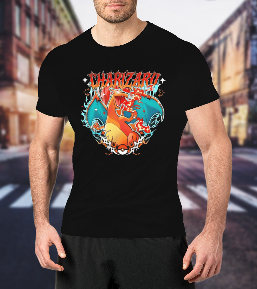 Charizard Pokemon CHARIZARO Fire Dragon With Pokeball And Flames T-Shirt