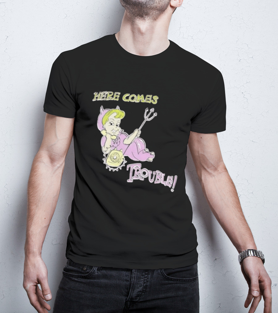 Here Comes Trouble Devil Baby With Pitchfork And Telephone T-Shirt