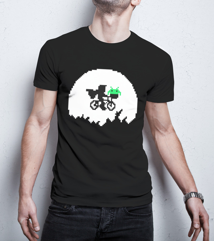 Elliott And Extra Terrestrial On Bicycle With Space Invader Pixel T-Shirt