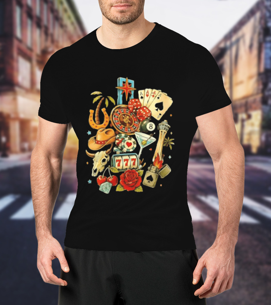 Las Vegas Casino Lucky Seven Poker Ace Of Spades Roulette Dice Palm Tree Horseshoe Rose Martini Skyscraper T-Shirt