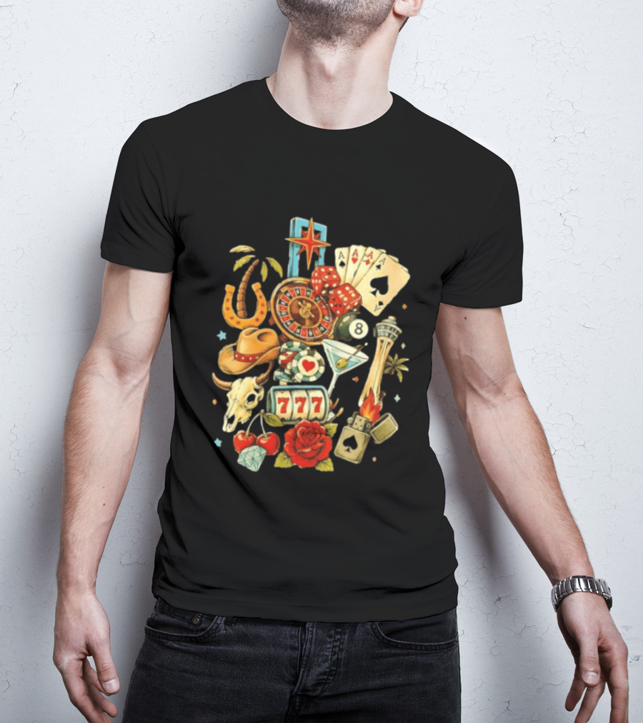 Las Vegas Casino Lucky Seven Poker Ace Of Spades Roulette Dice Palm Tree Horseshoe Rose Martini Skyscraper T-Shirt