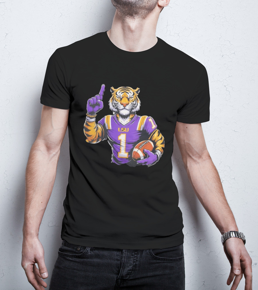 LSU Tiger Football Pointing Number 1 Holding Ball T-Shirt