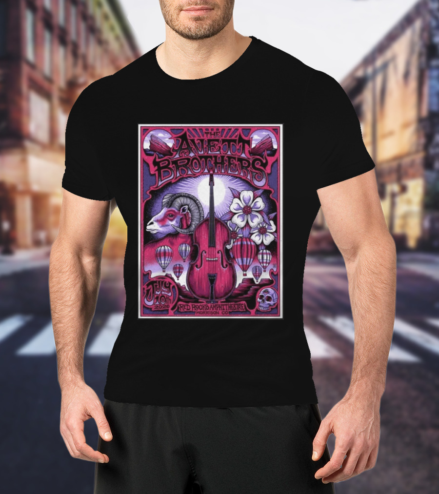The Avett Brothers Red Rocks Amphitheatre Jul 10 2026 Morrison CO Hot Air Balloons Ram Violin Skull Art Flowers T-Shirt