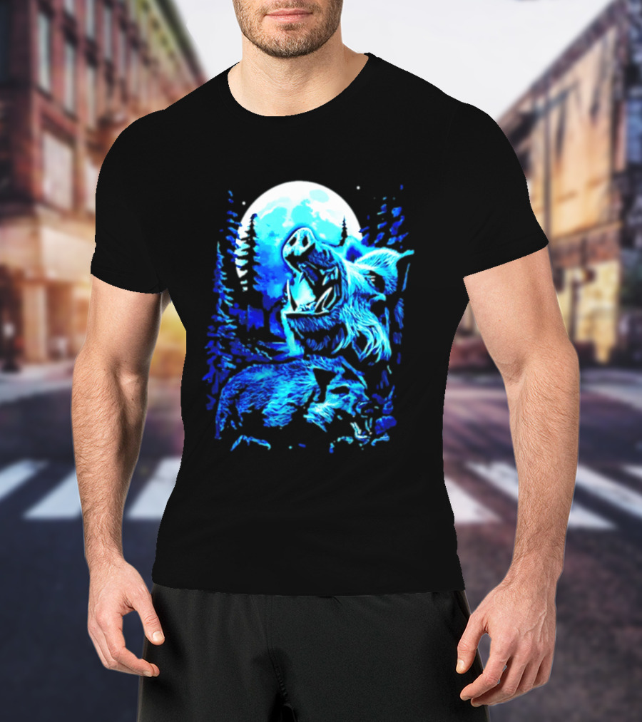 Wild Boar Howling At The Moon Under Mystical Forest Night Sky T-Shirt