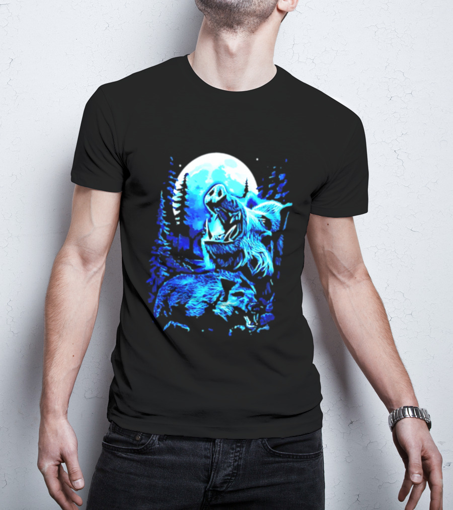 Wild Boar Howling At The Moon Under Mystical Forest Night Sky T-Shirt