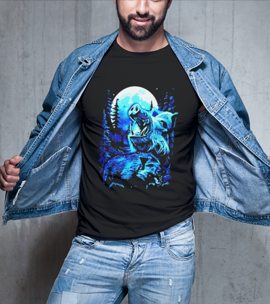 Wild Boar Howling At The Moon Under Mystical Forest Night Sky T-Shirt