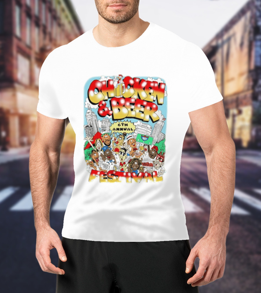 6th Annual Chicken & Beer Festival Indianapolis Cartoon Cityscape Crowd Fun T-Shirt