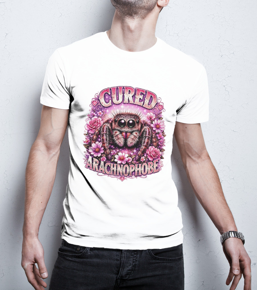 Cured Arachnophobe Jumping Spider Floral Hearts And Flowers T-Shirt