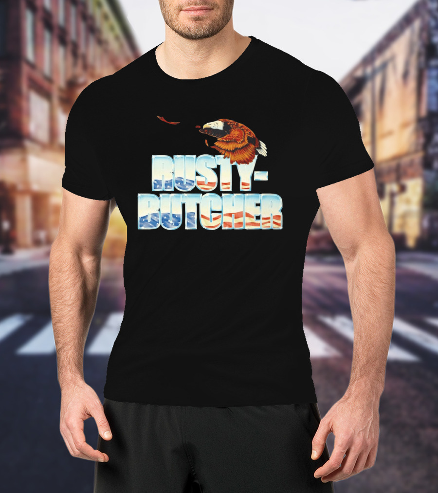 Rusty Butcher American Eagle With Patriotic Stars And Stripes T-Shirt