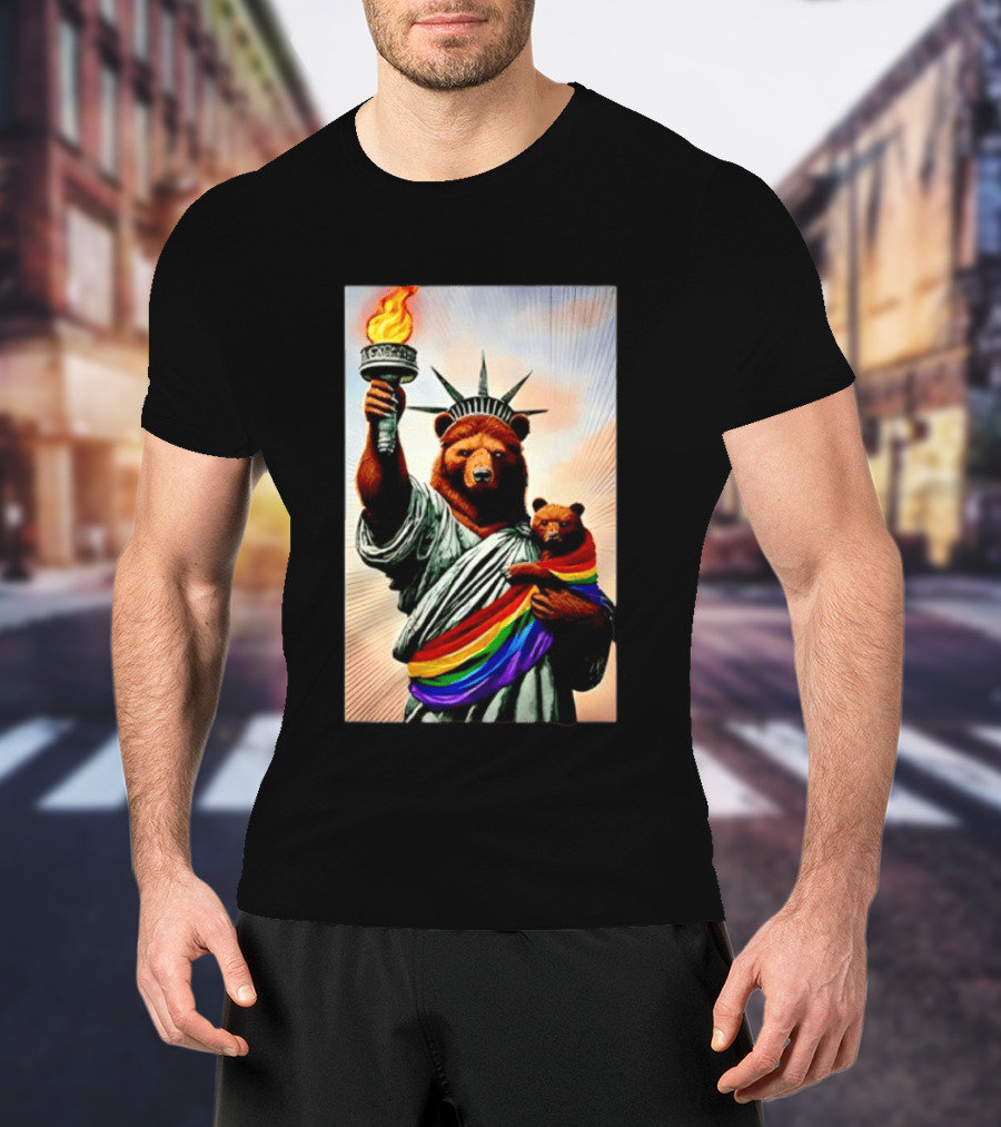 Bear Statues Liberty Rainbow Pride Torch T-Shirt