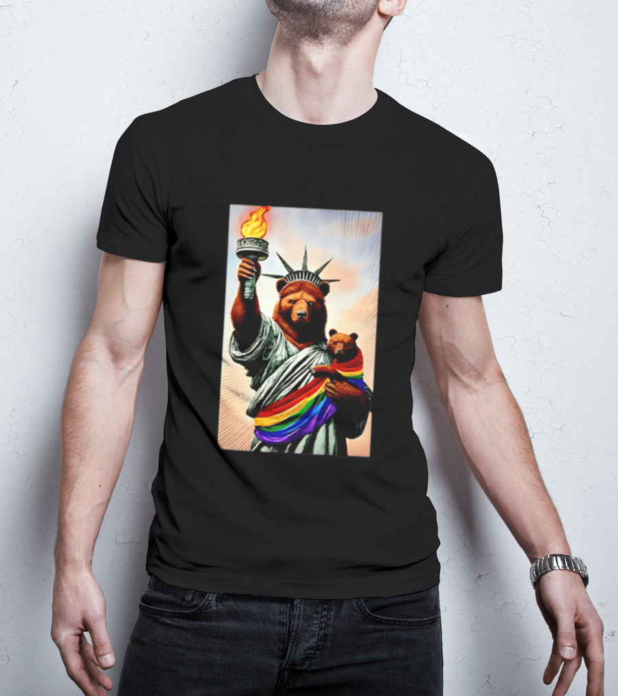 Bear Statues Liberty Rainbow Pride Torch T-Shirt