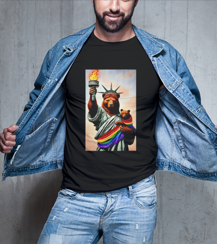 Bear Statues Liberty Rainbow Pride Torch T-Shirt