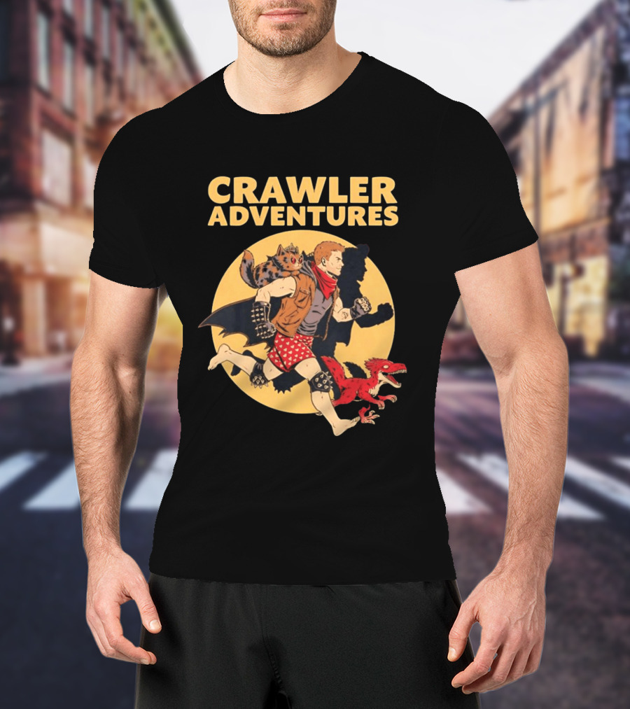 Crawler Adventures Running Man Cat Companion And Raptor T-Shirt