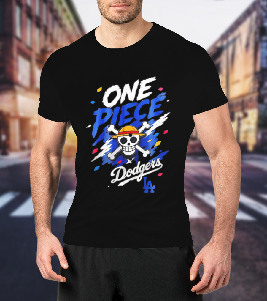 One Piece Dodgers LA Crossover With Jolly Roger And Straw Hat T-Shirt