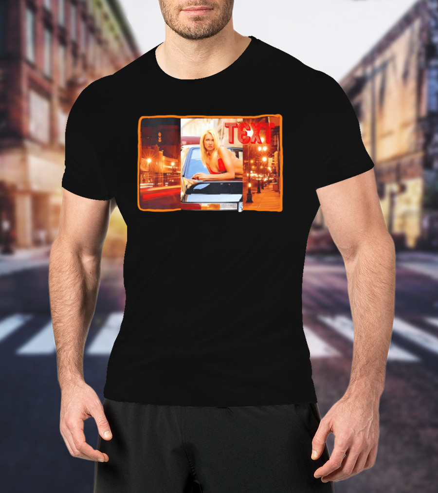 Blonde Woman In Red Bikini Leaning On Car At Night With Neon City Lights T-Shirt