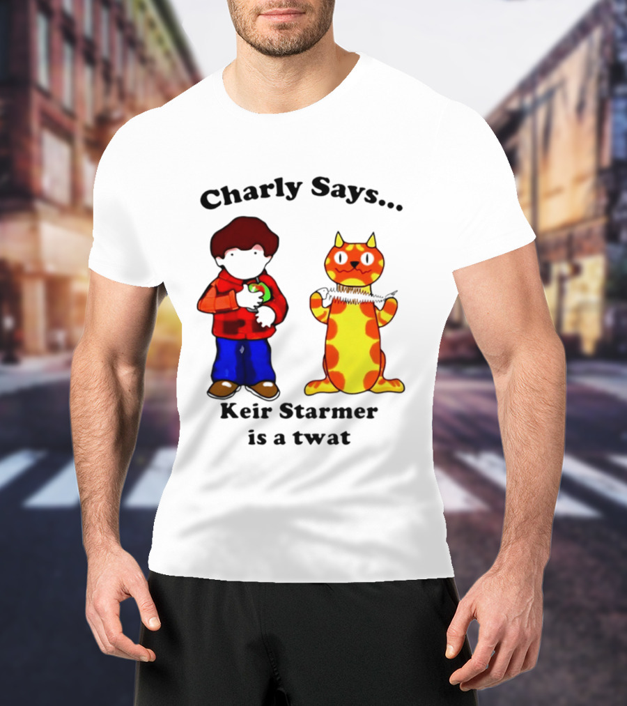 Charly Says Keir Starmer Is A Twat Comic Retro Style Cat And Kid T-Shirt