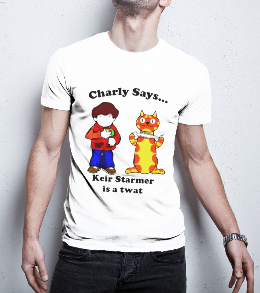Charly Says Keir Starmer Is A Twat Comic Retro Style Cat And Kid T-Shirt