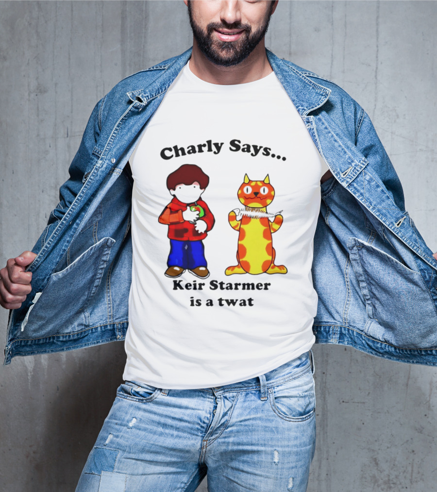 Charly Says Keir Starmer Is A Twat Comic Retro Style Cat And Kid T-Shirt