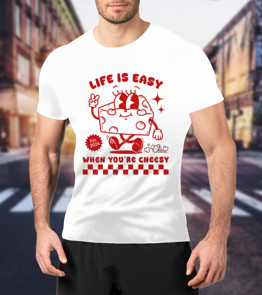 Life Is Easy When You're Cheesy Cartoon Cheese Character With Peace Sign And Stars T-Shirt