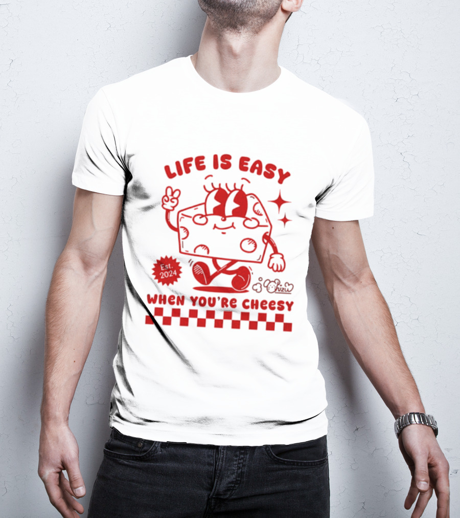 Life Is Easy When You're Cheesy Cartoon Cheese Character With Peace Sign And Stars T-Shirt
