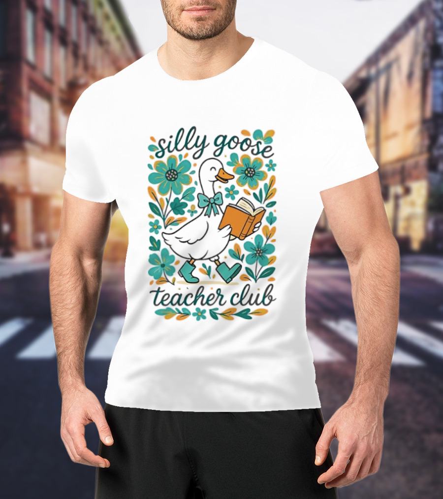 Silly Goose Teacher Club Reading Goose With Flowers And Rain Boots T-Shirt