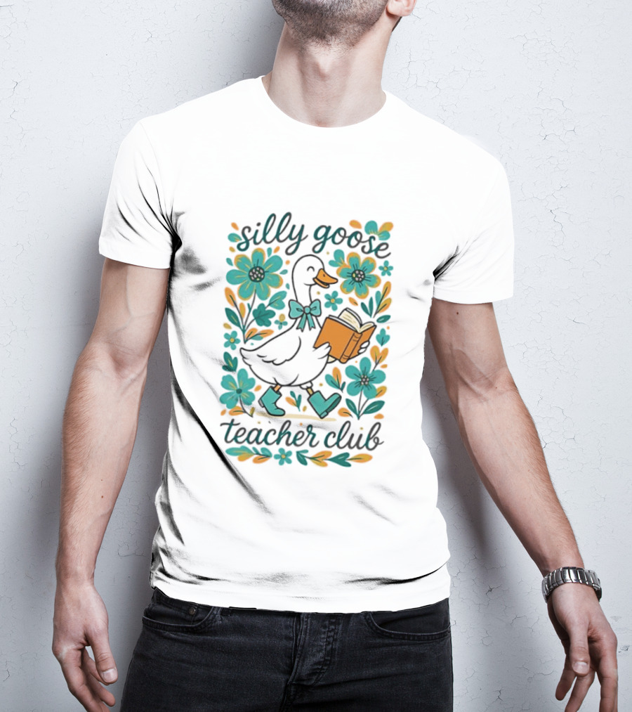 Silly Goose Teacher Club Reading Goose With Flowers And Rain Boots T-Shirt