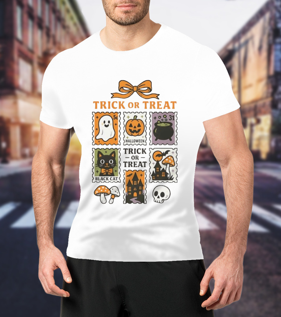 Trick Or Treat Halloween Ghost Pumpkin Cauldron Black Cat Haunted House T-Shirt