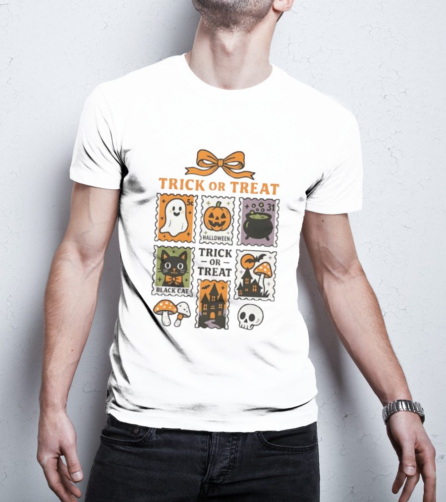 Trick Or Treat Halloween Ghost Pumpkin Cauldron Black Cat Haunted House T-Shirt