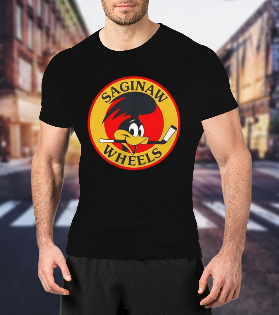 Saginaw Wheels Hockey Cartoon Character With Hockey Stick T-Shirt