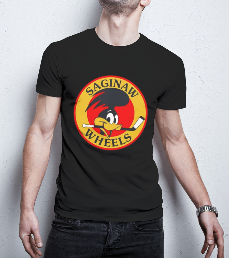 Saginaw Wheels Hockey Cartoon Character With Hockey Stick T-Shirt