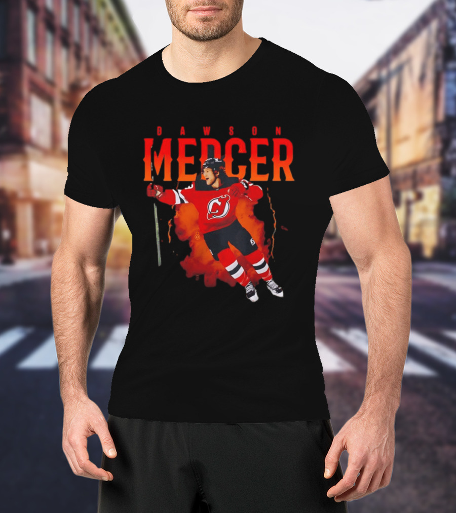 Dawson Mercer New Jersey Devils Celebration Hockey Player Image T-Shirt