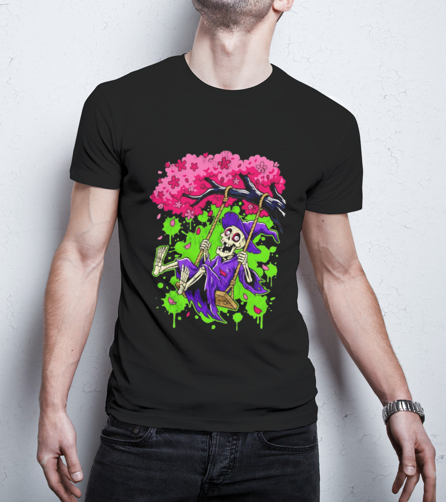 Morbid Whimsy Skeleton Witch Swinging Under Cherry Blossom Tree T-Shirt