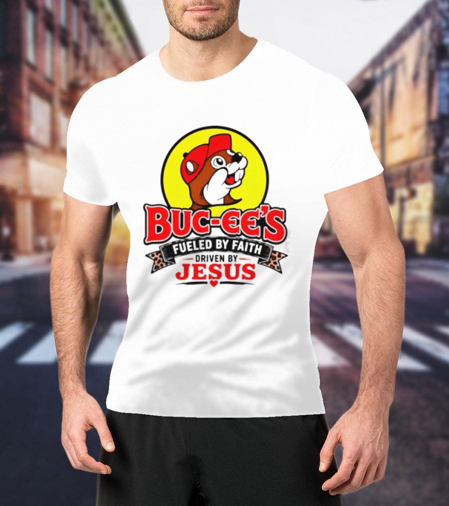 Buc Ee's Fueled By Faith Driven By Jesus Yellow Circle Red Cap T-Shirt