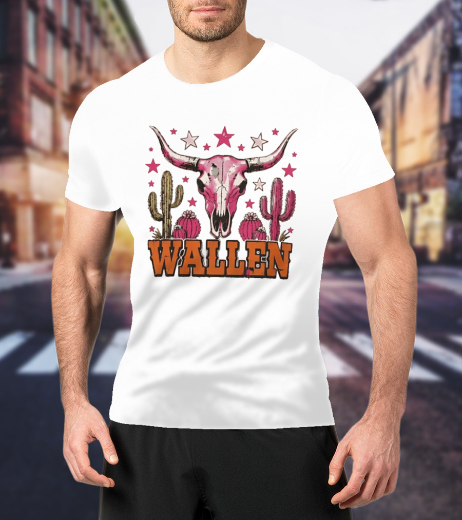 Wallen Pink Cow Skull Cactus Stars T-Shirt