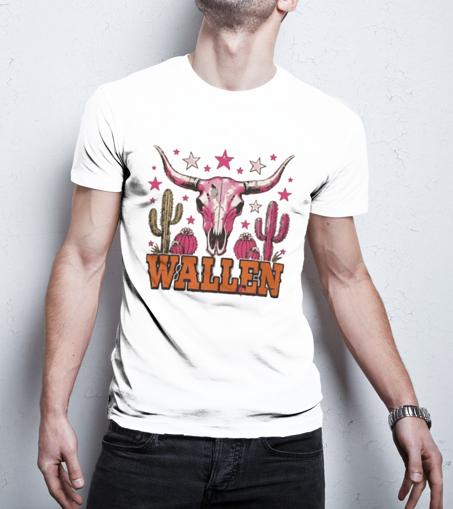 Wallen Pink Cow Skull Cactus Stars T-Shirt
