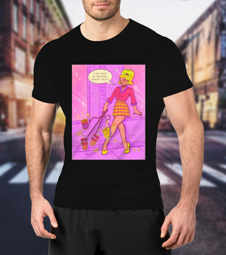 I Just Need My Emotional Support Treats Comic Style Girl With Drinks And Fries T-Shirt