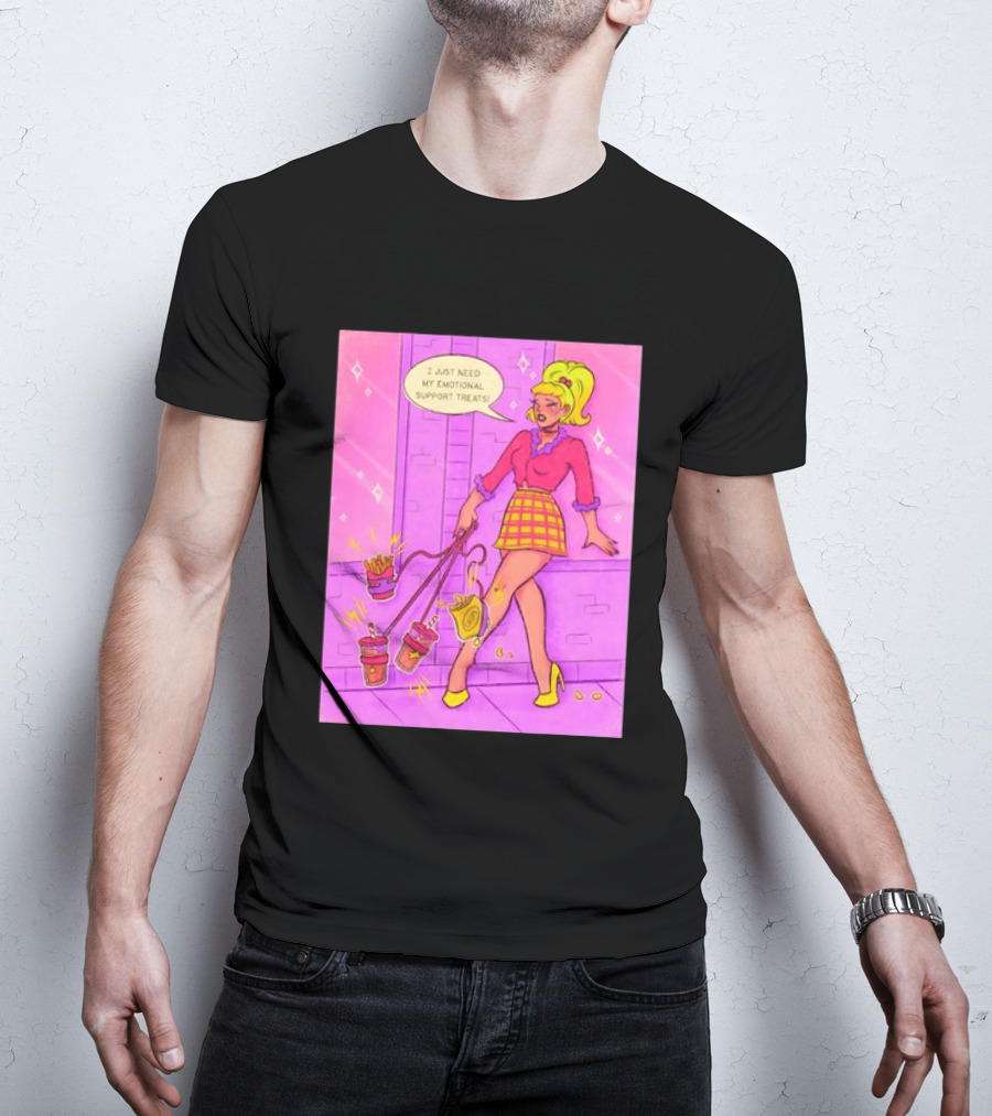 I Just Need My Emotional Support Treats Comic Style Girl With Drinks And Fries T-Shirt