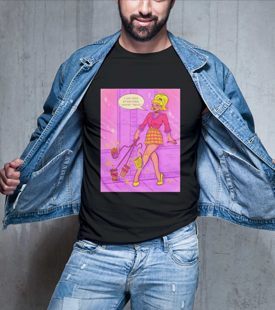 I Just Need My Emotional Support Treats Comic Style Girl With Drinks And Fries T-Shirt