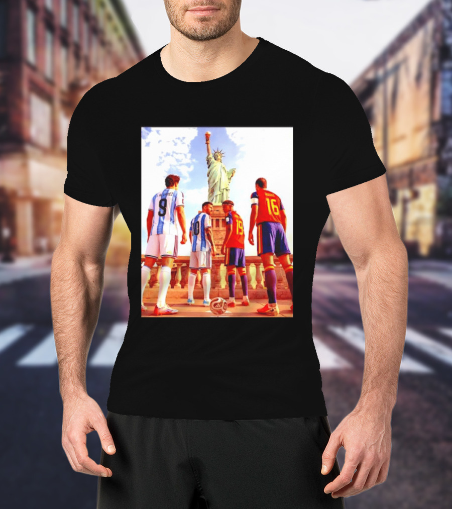 Lionel Messi J Alvarez Lamine Yamal Rodrigo Football Statue Of Liberty Argentina Spain Soccer T-Shirt