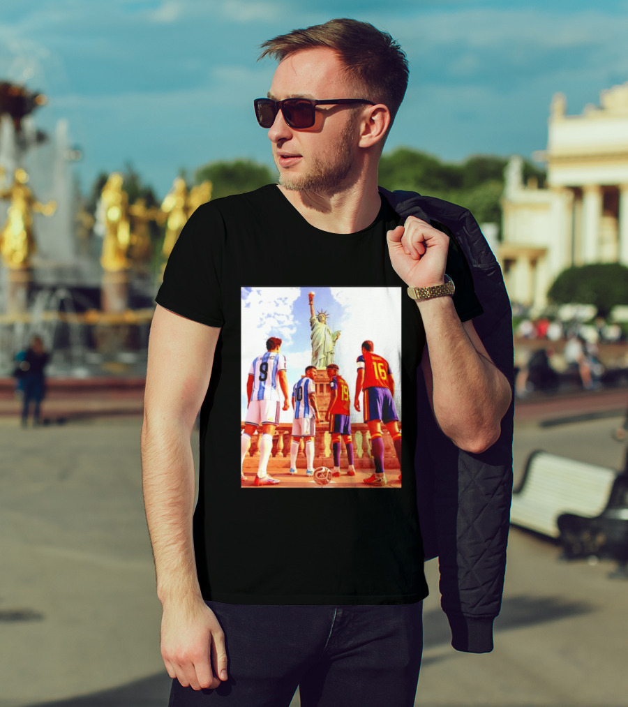 Lionel Messi J Alvarez Lamine Yamal Rodrigo Football Statue Of Liberty Argentina Spain Soccer T-Shirt