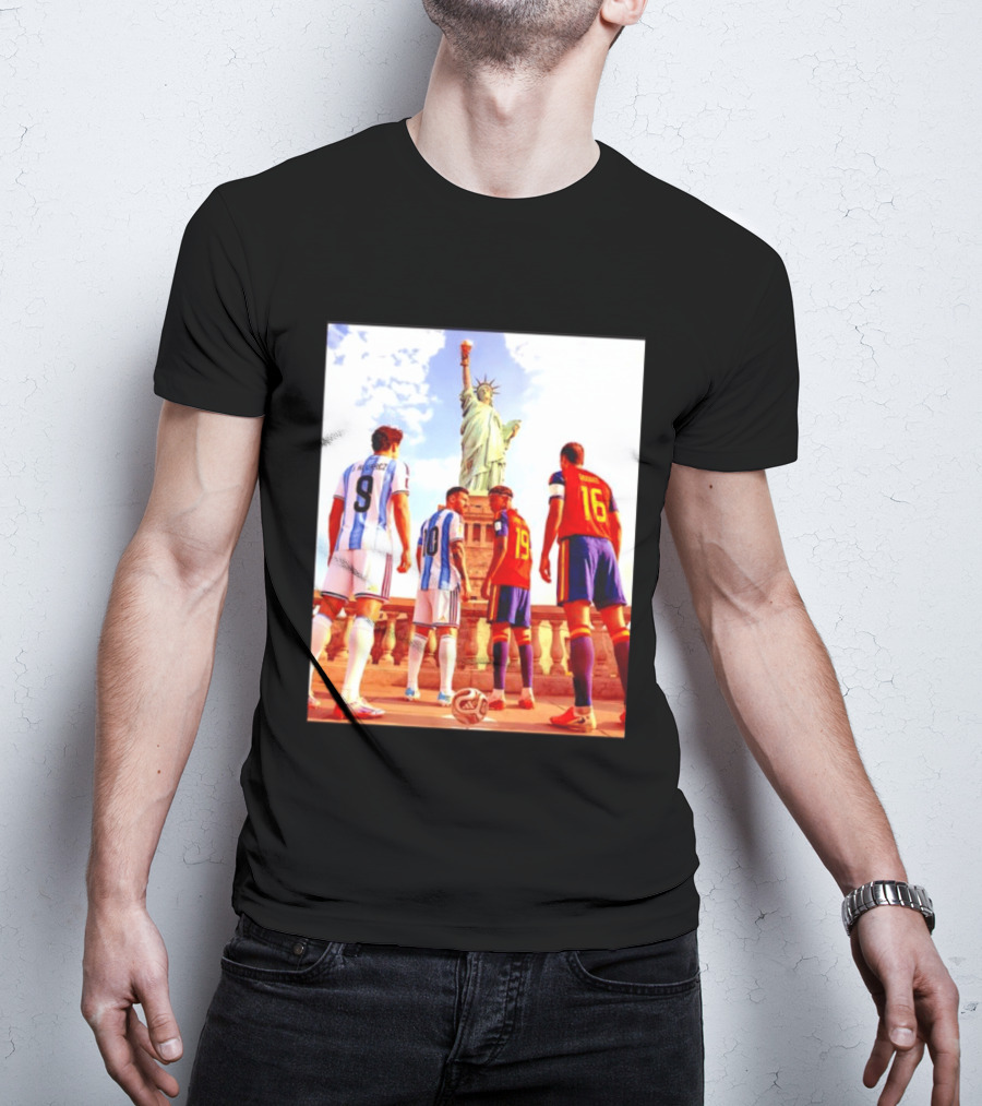 Lionel Messi J Alvarez Lamine Yamal Rodrigo Football Statue Of Liberty Argentina Spain Soccer T-Shirt