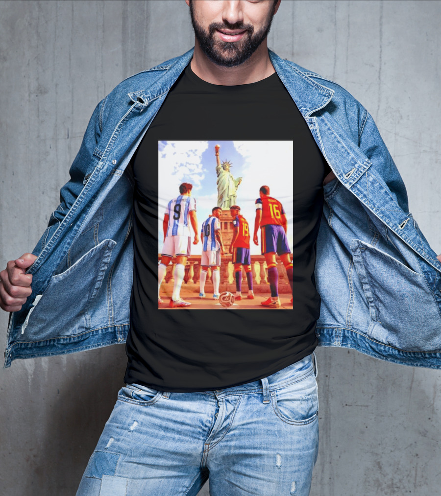 Lionel Messi J Alvarez Lamine Yamal Rodrigo Football Statue Of Liberty Argentina Spain Soccer T-Shirt