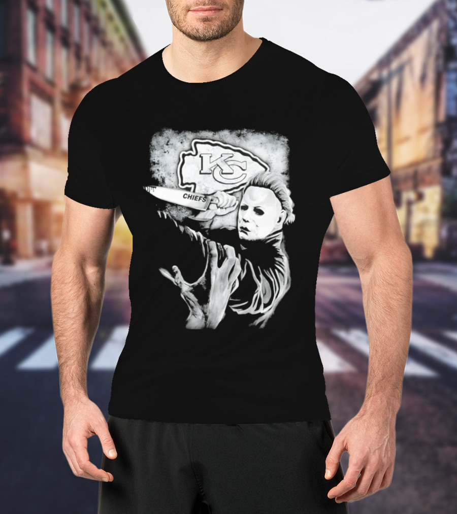 Michael Myers Holding Knife With KC Chiefs T-Shirt