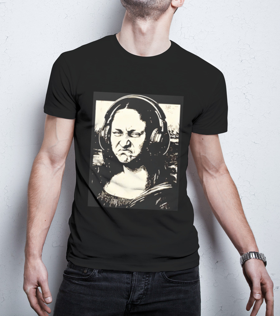 Mona Lisa Headphones Grumpy Expression Fusion T-Shirt