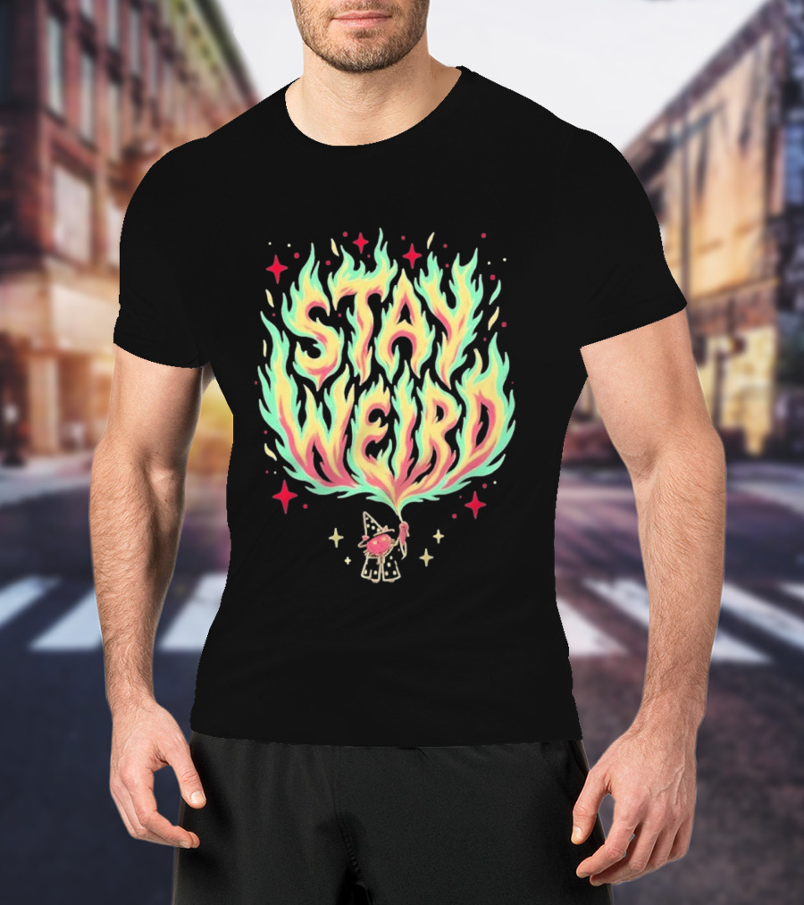 Stay Weird Magic Flames Wizard Cat Stars Cosmic T-Shirt