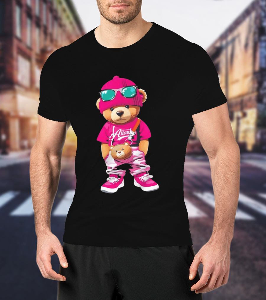 Ailan Teddy Bear Stylish Streetwear Outfit Pink Beanie Sunglasses And Bear Bag T-Shirt