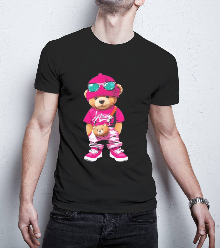 Ailan Teddy Bear Stylish Streetwear Outfit Pink Beanie Sunglasses And Bear Bag T-Shirt