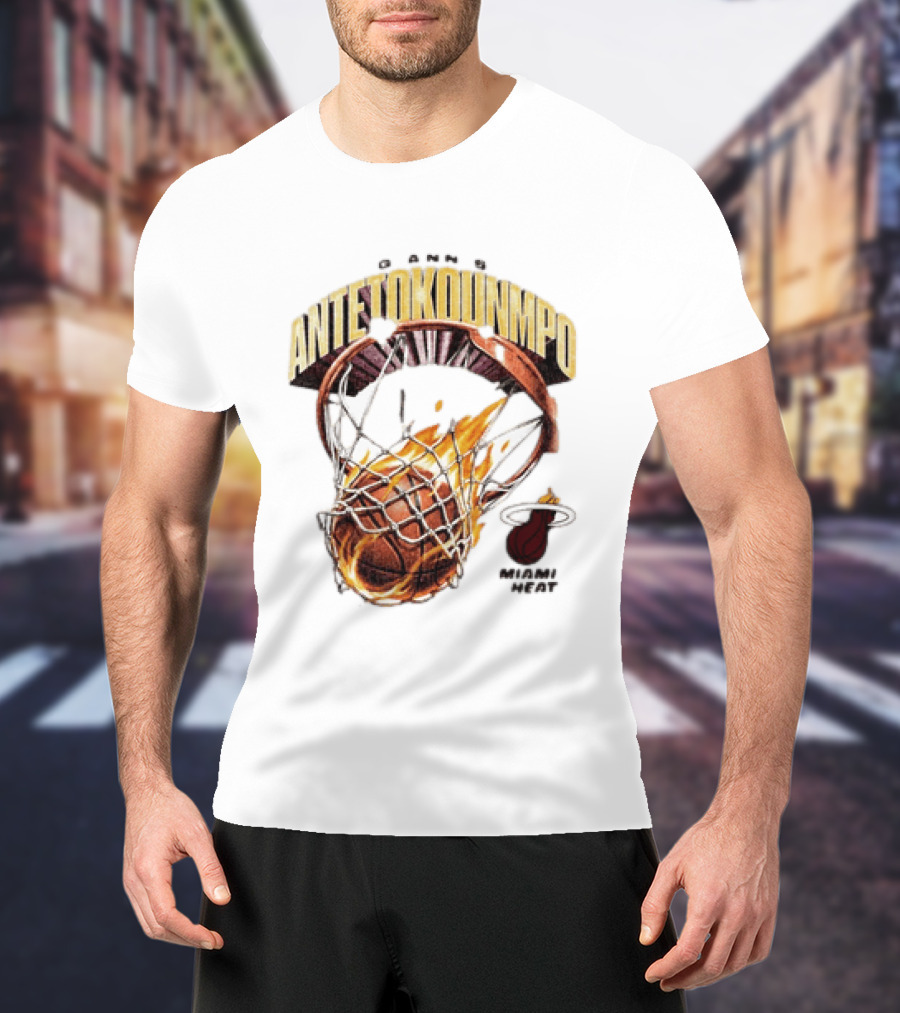 Giannis Antetokounmpo Miami Heat Basketball Hoop Fireball T-Shirt