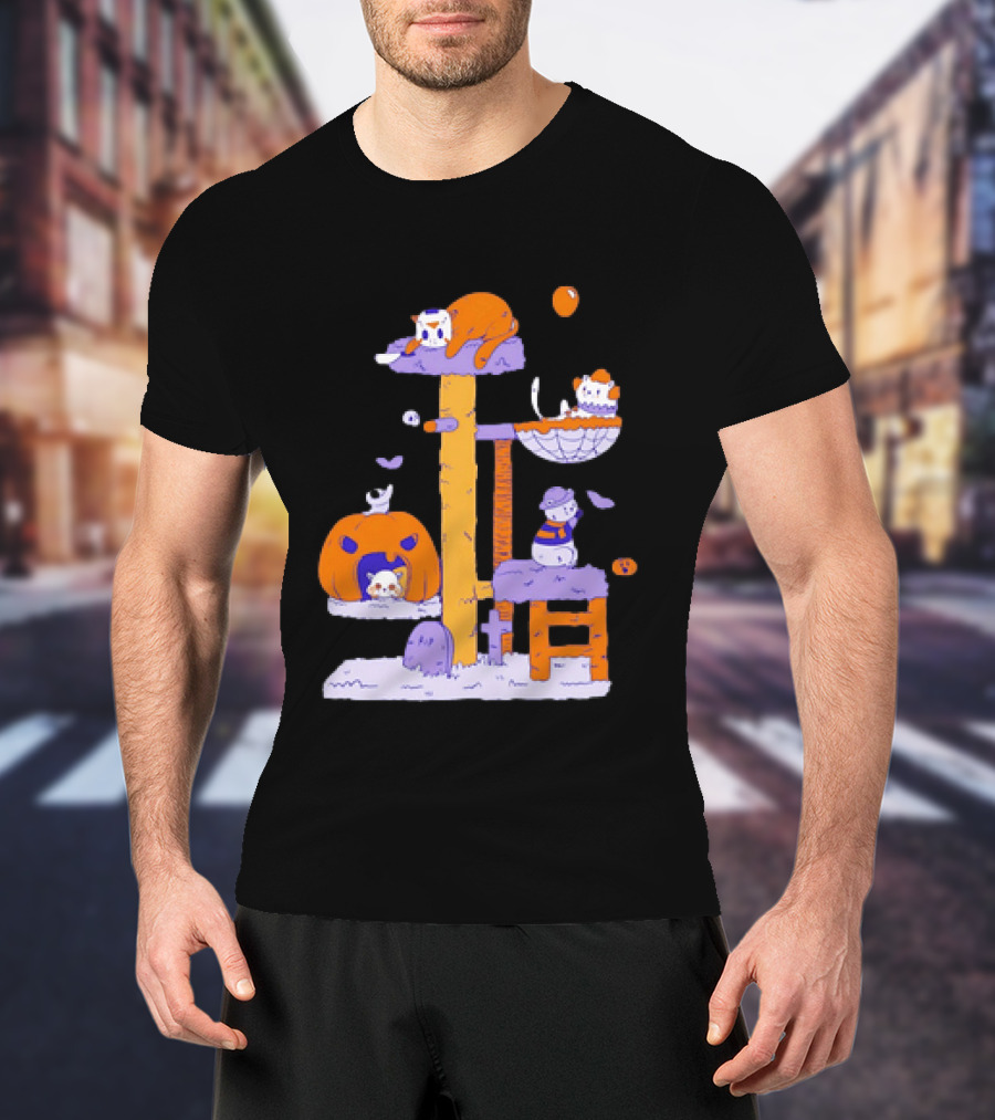 Cat Horror Pumpkin Tree Halloween Cats T-Shirt